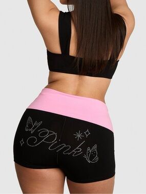 VS PINK BUTTERFLY BLING LOGO PURE BLACK COTTON FOLDOVER BIKE SHORTS SIZE LARGE